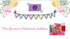 Text Stating The Queen's Platinum Jubilee with flowers, bunting & photo of the Queen.